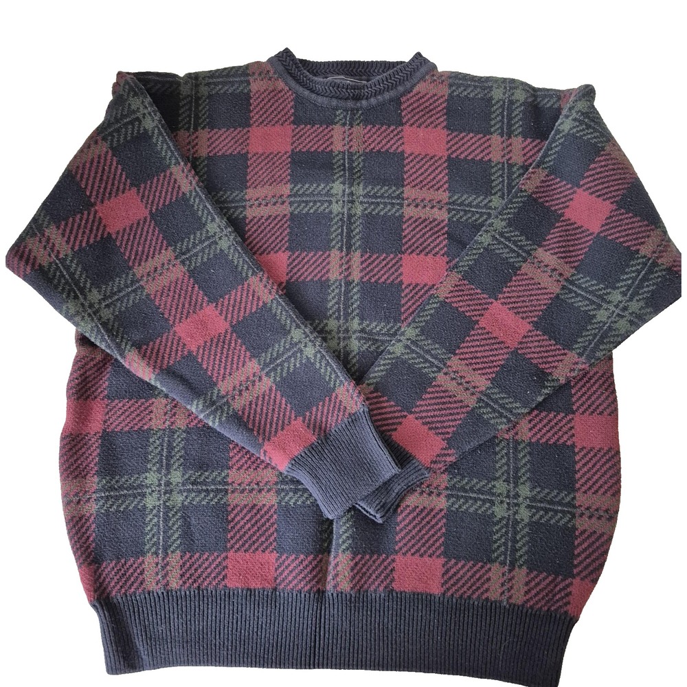 Woods & Gray‎ Sweater Mens XL Navy Red Plaid Tartan Cotton Crewneck 90s Vintage